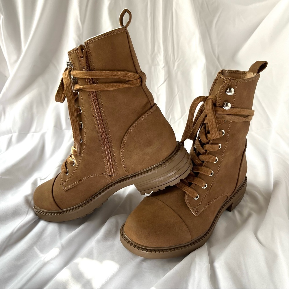 Brown Faux Leather Lace up Lug sole Boots